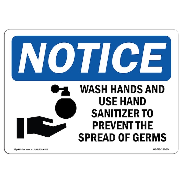 OSHA Wash Hands & Use Hand Sanitizer W/ 18inX12in Peel & Stick Wall Graphic, 12" W, 18" L, Landscape